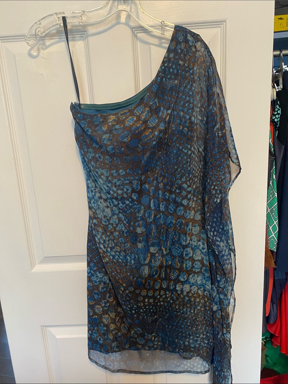 Calvin Klein Shiny Teal-Blue one shoulder dress